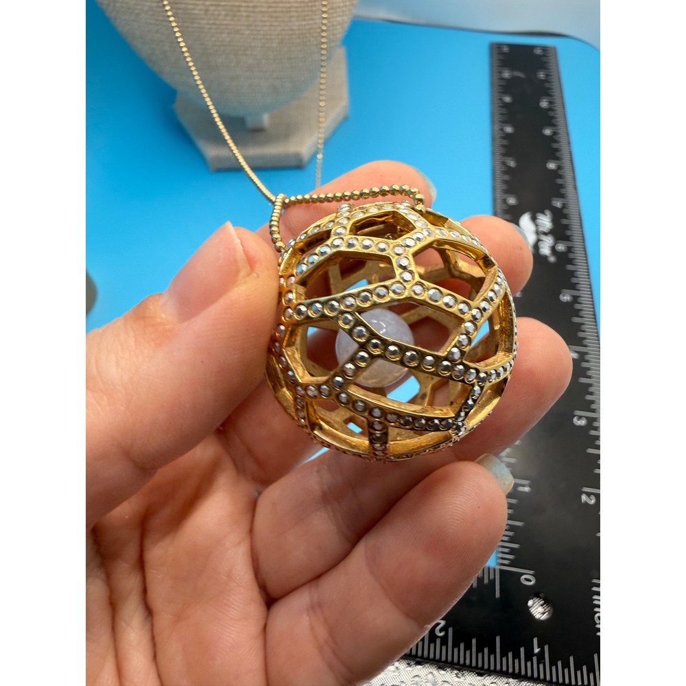 Gold Tone Geometric Cage‎ Orb Pendant Long Ball Chain Necklace Silver Studs